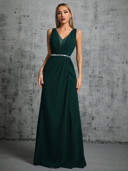 Mgiacy Shoulder deep V-neck silver sequin belt pleated chiffon slit skirt Evening gown Ball dress Party dress Bridesmaid dress