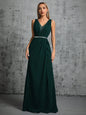 Mgiacy Shoulder deep V-neck silver sequin belt pleated chiffon slit skirt Evening gown Ball dress Party dress Bridesmaid dress