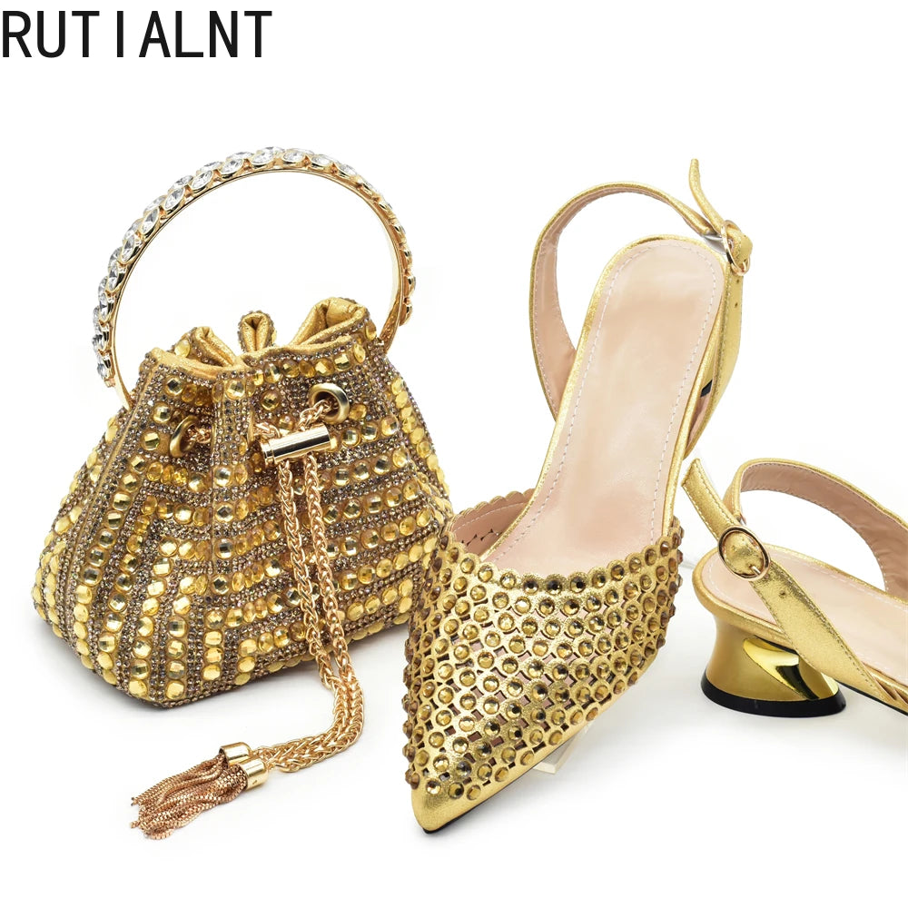 New Fashion Gold Color Shoes and Bags To Match Set Nigeria Party Women's Wedding Bag and Shoe Set Decorated with Rhinestone