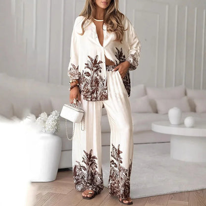 New Autumn Long Sleeve Lapel Shirt Cardigans & Wide Leg Pant Sets Woman 2 Piece Casual Print Single Breasted Suit Leisure Outfit