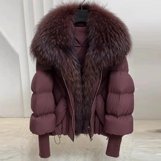 OFTBUY 2025 New Winter Large Real Raccoon Fur Puffer Coat Women Oversized Feather Down Parka Knit Sleeve White Duck Down Jacket