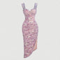 Mia Muse Dresses Summer Elegant Ditsy Floral Shirring Sleeveless Sweetheart Neck Midi Party Lettuce Trim Dresses For Women
