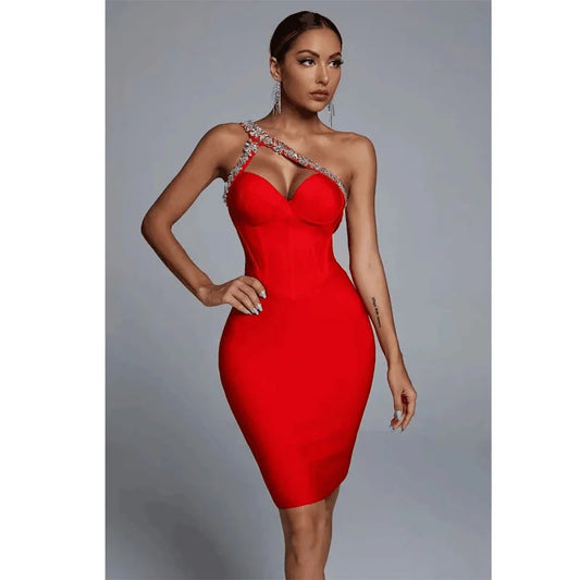 New Sexy Women Mini Bandage Dress One Shoulder Collar Rhinestone Decorated Shoulder Strap Bodycon Dresses Party Vestido