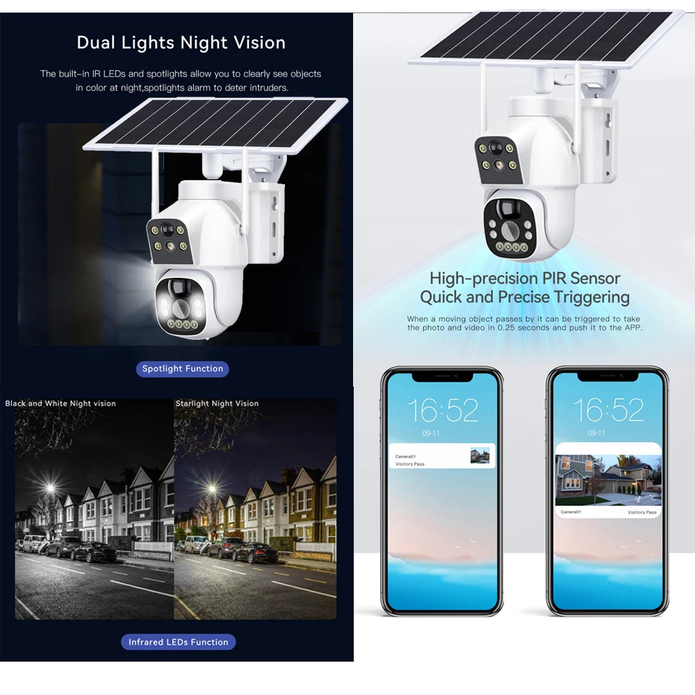 Wireless Solar Powered IP Camera Dual Lens Night Vision Full Color Outdoor Waterproof Security Surveillance Indoor Wifi Home Cam