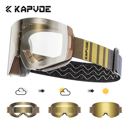 KAPVOE New Outdoor Photochromic Ski Goggles Winter Snow Sports for Unisex Snow Glasses UV400 Anti-fog Magnetic Snowboard Glasses
