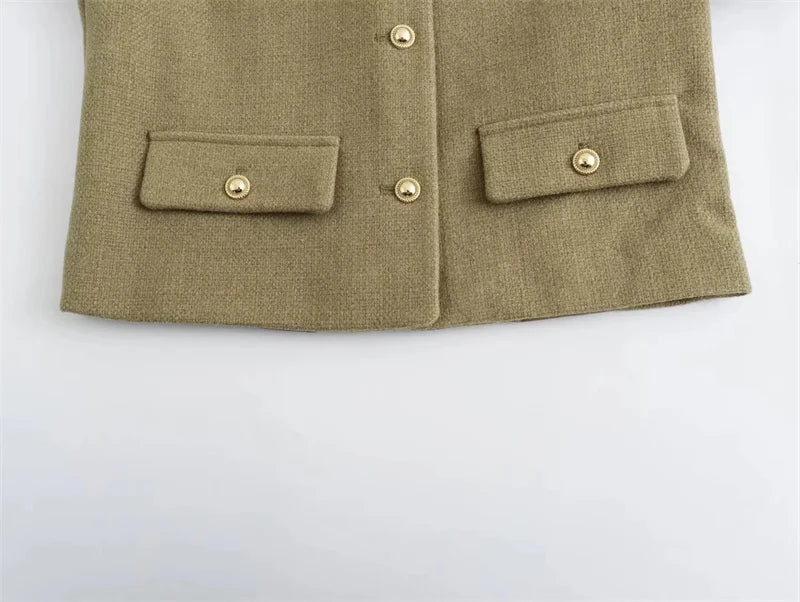 TRAF 2024 Cropped Tweed Jacket Woman Coat Button Long Sleeve Elegant Jackets For Women Short Coats Fashion New In Outerwears