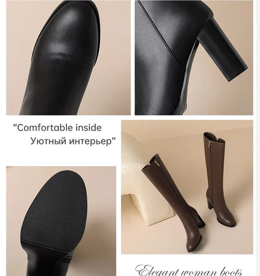 Ods Soft Cow Leather Black Knee High Boots Chunky Mid Heels Zipper Women's Long Boot Big Size Luxury Designer Sexy Shoes 4143 46