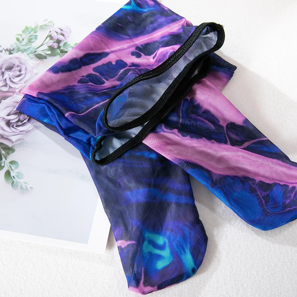 Sexy Perspective Breast Gather Printed Lingerie Set with Gloves Leg Set for Women's Five Piece Set Female Fun Bra & Brief Sets