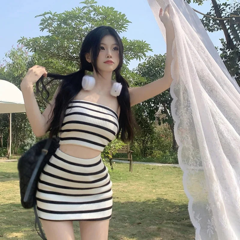 Women Summer Two Piece Set Women's Top Skirt Two Piece Set High WaistedSkirt Knitted Tube Top Stripe Casual Slim