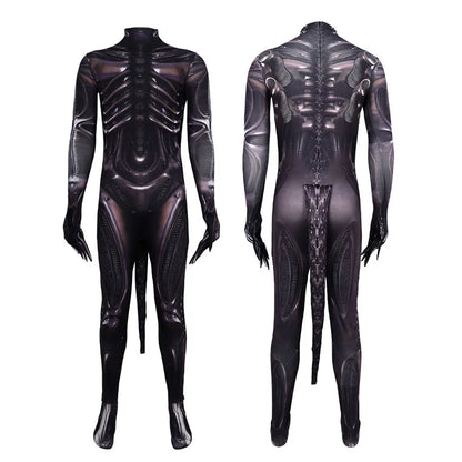 Halloween Adult Alien Xenomorph 3D Print Bodysuit Costumes Scary Suit Kids Alien Romulus Cosplay Jumpsuit Mask Tentacles Disfraz