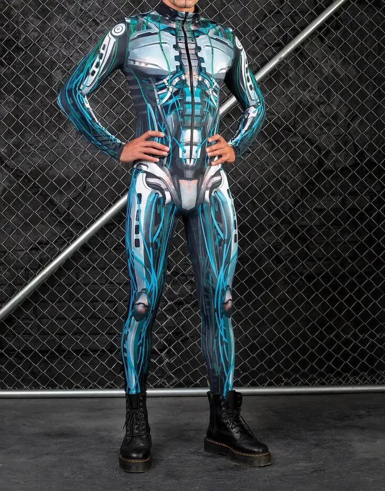 Mechanical Skeleton Bone Cosplay Bodysuit Halloween Scary Skull Graphic Long Sleeve Jumspuit Gothic Party Costume Tights Zentai