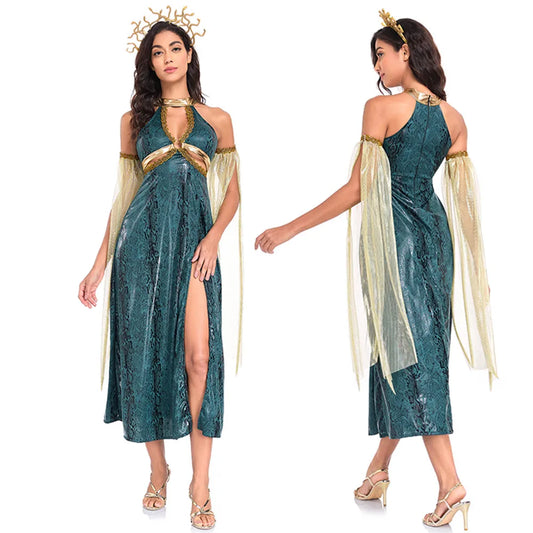Women Retro Medusa Snake Costume With Headband Sexy Snake Demon Goddess Roleplay Long Slit Dress Halloween Cosplay Party Costume