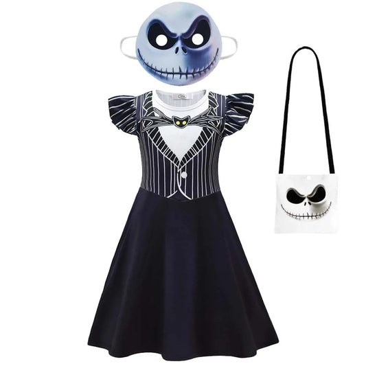 Halloween Skeleton Cosplay Costume for Kids Girl Jeck Striped Top Dress Outfit Horror Scary Christmas Party Uniform Mask Suit
