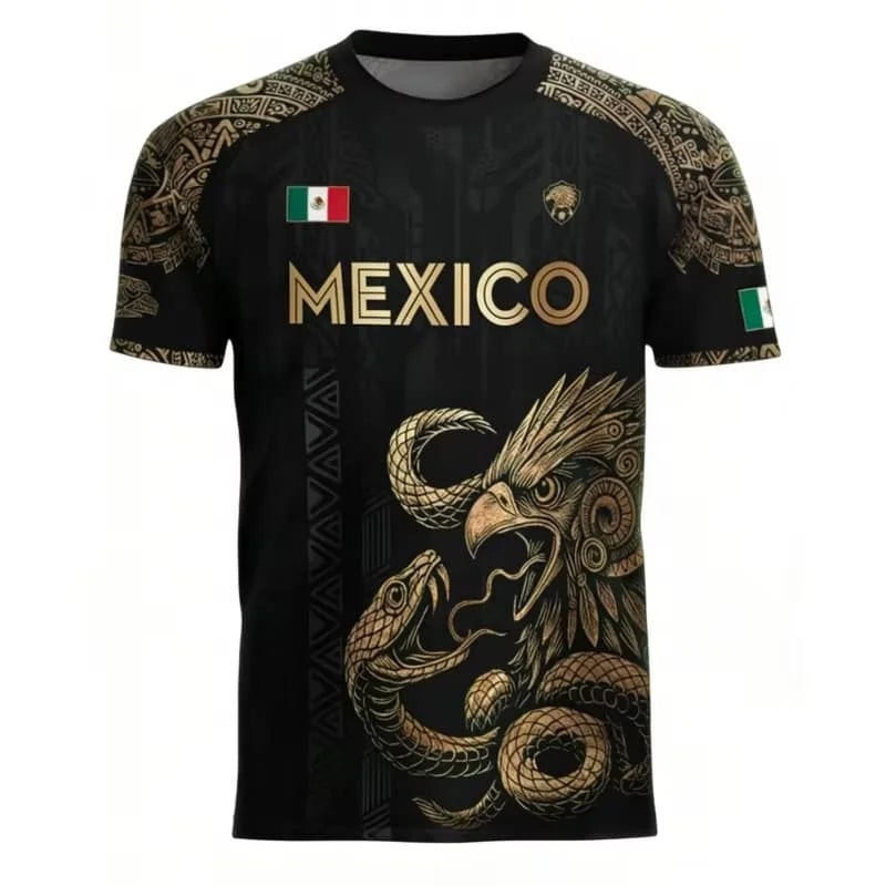 2026 New Summer Mexico Soccer Jersey Men Black Gold Design with Aztec Eagle Snake Print and Mexican Flag for Football Fans