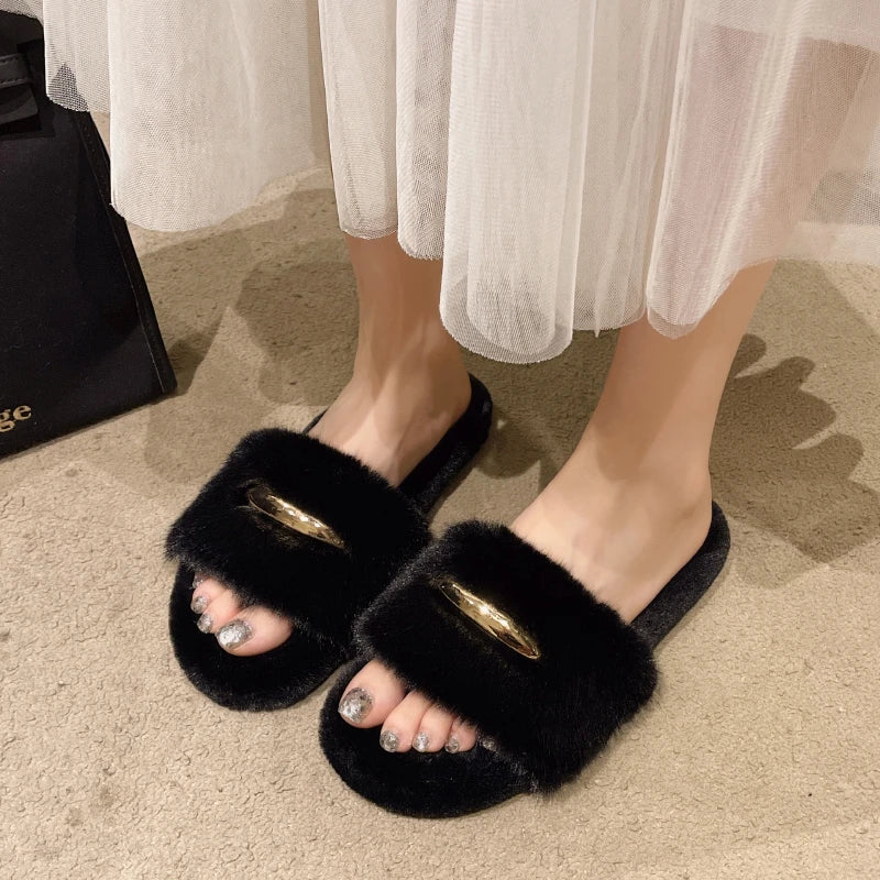 Fashion Winter Warm Women Slippers Cozy Faux Fur Cross Indoor Floor Slides Flat Soft Fluffy Female Celebrities Home Cotton Shoes
