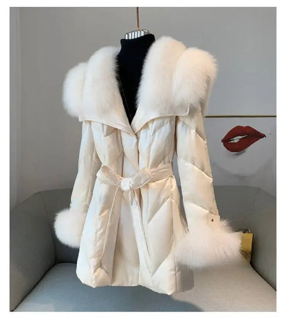 New Women High-end Down Jacket Imported copy Fox Fur Shawl Collar Down Coat Long Young Fashion Warm Slim-fit Fashion Jacket