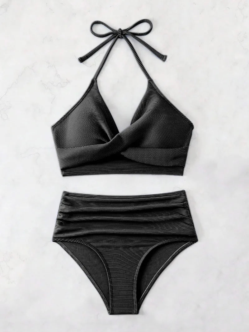 2025 New Sexy High Waist Two-piece Bikini Set Women Solid Halter Swimsuit Summer Tight Cross Push Up Backless Beach Bathing Suit