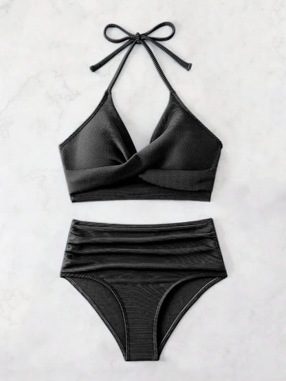 2025 New Sexy High Waist Two-piece Bikini Set Women Solid Halter Swimsuit Summer Tight Cross Push Up Backless Beach Bathing Suit