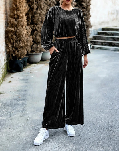 Two Piece Set Women Outfit Spring Velvet Fashion Round Neck Short Sleeve Crop Top & High Waist Casual Wide Leg Pants Set