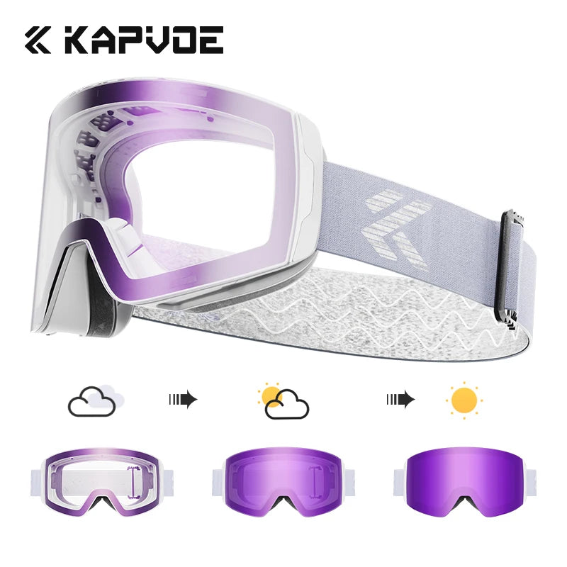 Kapvoe Photochromic Ski Goggles Magnetic Anti-Fog Lenses UV400 Protection Men Women Ski Goggles Winter Sports Eyewear