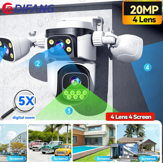 DIFANG 20MP 4 Screens WiFi Camera Outdoor Quad Lens Security Camera Waterproof  IP Camera 10K Four Screens Video Surveillance