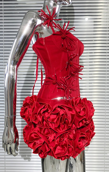 Black Red Color Women Sexy Strapless Laced-up Tops Florlas Bodycon Mini Skirt Set Celebrate Birthday Party Cocktail Dress