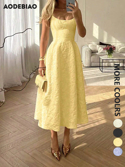 AODEBIAO Women Summer A-line Dress Sleeveless O-neck Solid Maxi Dresses Fashion Backless Casual Elegant Party Strap Dress Female