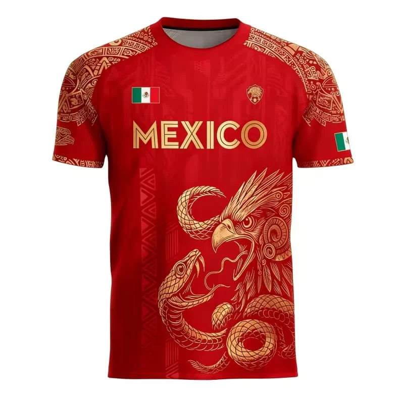 2026 New Summer Mexico Soccer Jersey Men Black Gold Design with Aztec Eagle Snake Print and Mexican Flag for Football Fans