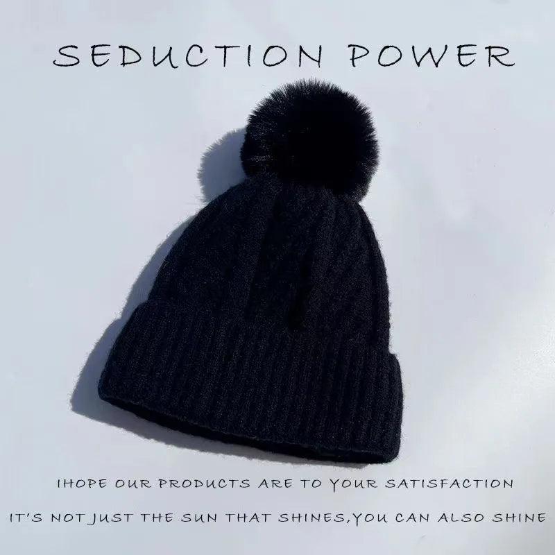 Winter Twist Knitting Hats Warm Fur Pompom Thick Plush Cap Beanies Solid Ladies Versatile Ski Snow Skullies Beanies Velvet Hat