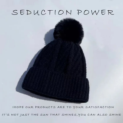 Winter Twist Knitting Hats Warm Fur Pompom Thick Plush Cap Beanies Solid Ladies Versatile Ski Snow Skullies Beanies Velvet Hat