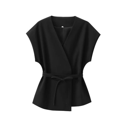 TFMLN Fashion Women's Trouser Suits Sleeveless V-Neck Top With Belt Straight Pants Sets 2025 Spring Summer Commuter 2 Piece Set