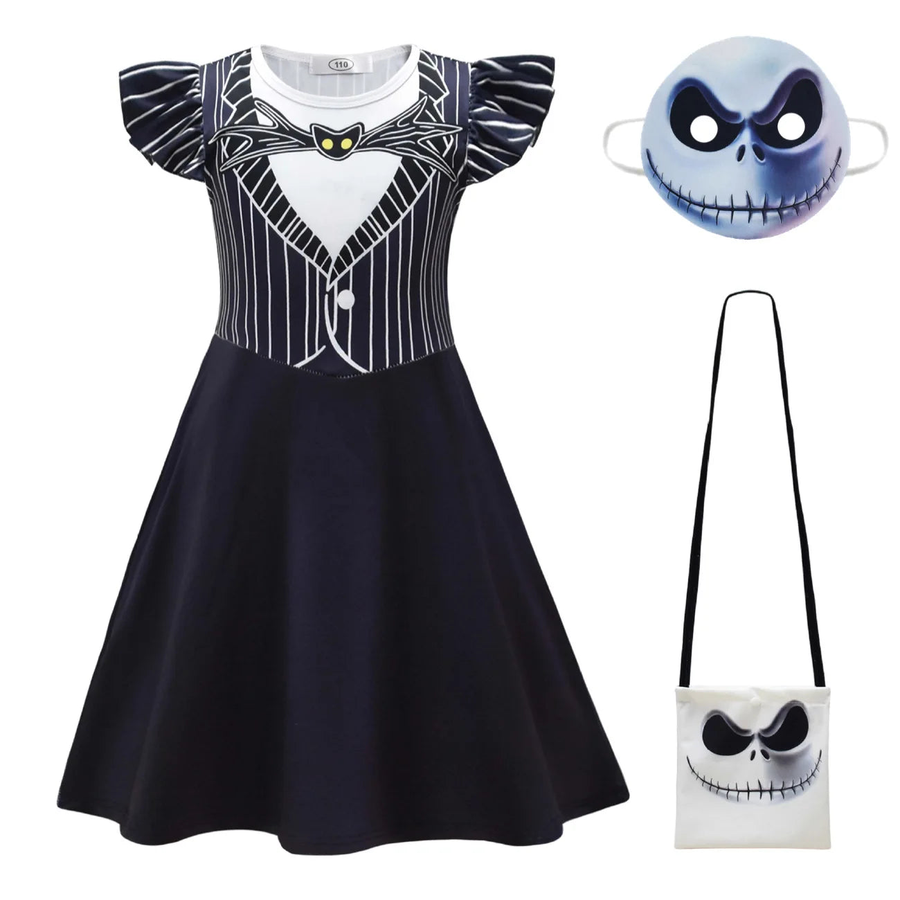 Halloween Skeleton Cosplay Costume for Kids Girl Jeck Striped Top Dress Outfit Horror Scary Christmas Party Uniform Mask Suit