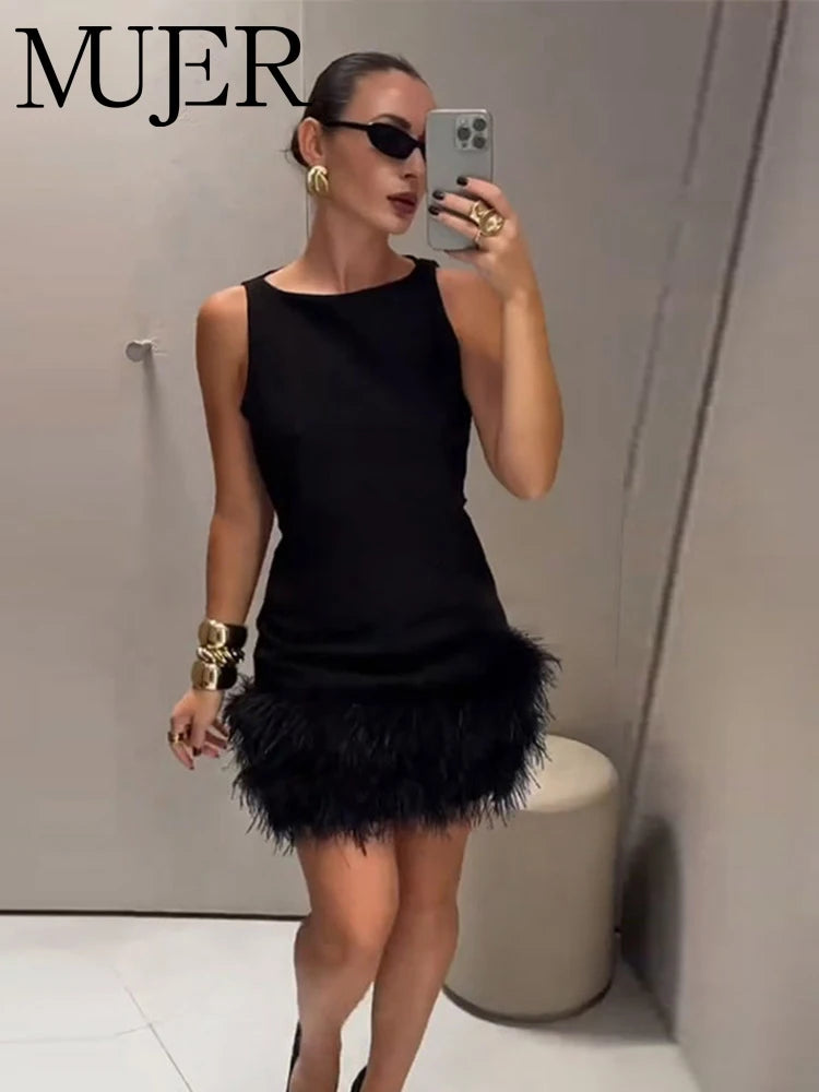 MUJER Feather Mini Dress Women Black Sleeveless Corset Dress Woman off Shoulder Party Dresses for Women Luxury Short Dress