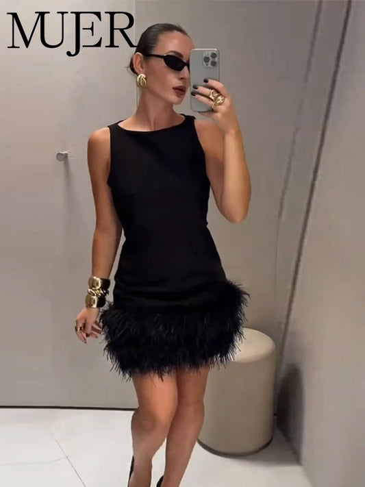 MUJER Feather Mini Dress Women Black Sleeveless Corset Dress Woman off Shoulder Party Dresses for Women Luxury Short Dress