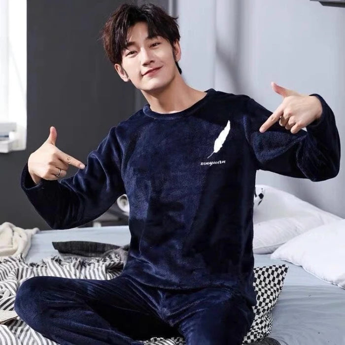 Autumn Winter Oversized Cartoon Print Pajamas for Men Letter Crew Neck New 2025 Men's Pajamas Set Fashion Soft Casual Homewear