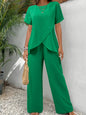 Casual Solid Suit Women 2025 Fashion Round Neck Short Sleeve Irregular Split Top Elastic Waist Trousers Two Piece Set