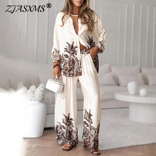 New Autumn Long Sleeve Lapel Shirt Cardigans & Wide Leg Pant Sets Woman 2 Piece Casual Print Single Breasted Suit Leisure Outfit