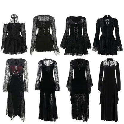 Halloween Gothic Grunge Punk Women Dress Long Sleeve Lace Slim Black Dresses 2025 New Y2K Harajuku Lolita Fairy Core Party Dress