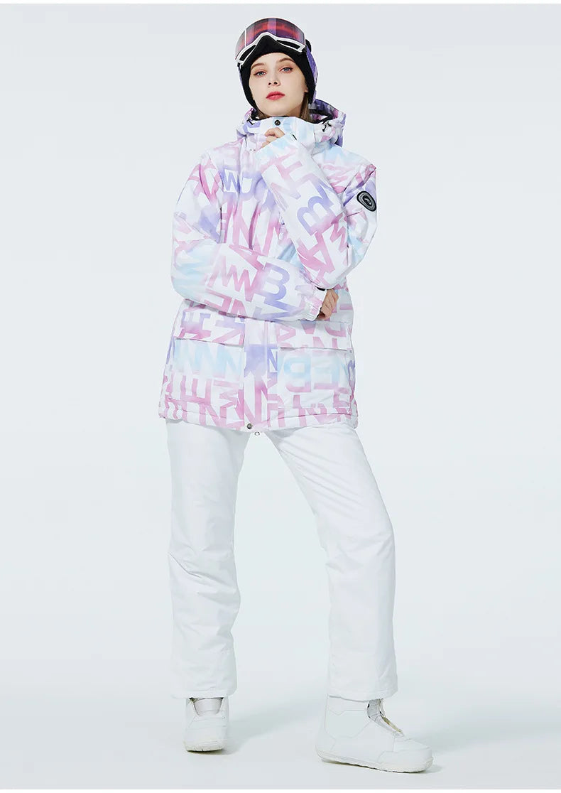 New Fashion Letter Women Ski Suit Winter Windproof Waterproof Snowboarding Jacket and Pants Snow Walking Clothes Female Snowsuit
