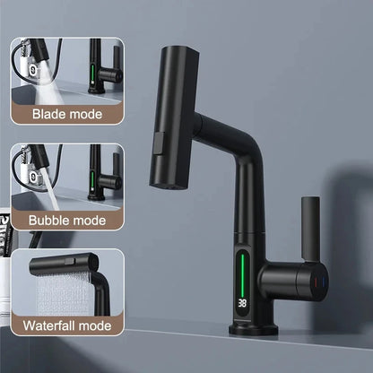 Waterfall Temperature Digital Display Basin Faucet Lift Up Down Stream Sprayer Hot Cold Water Sink Mixer Wash Tap For Bathroom