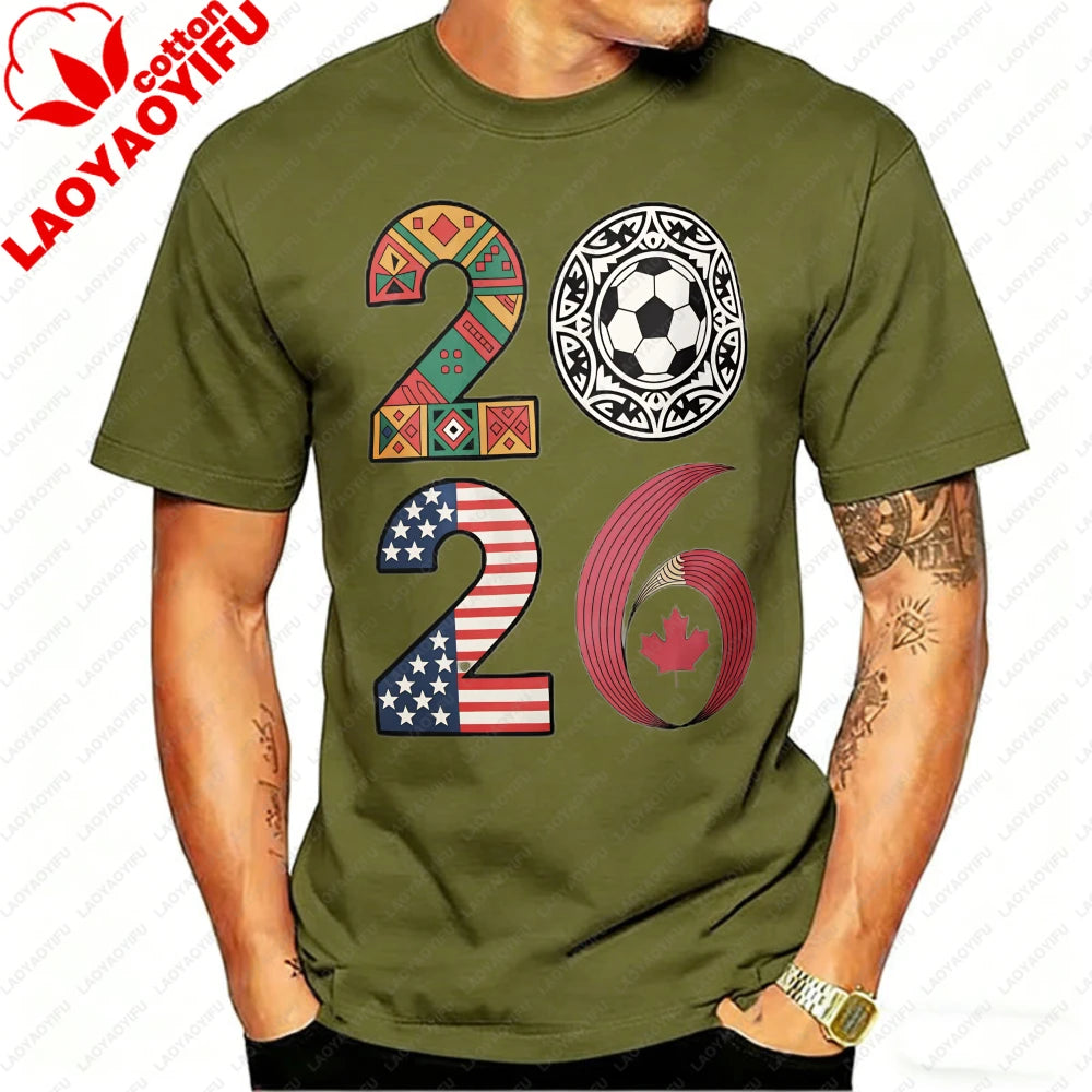 2026 USA Canada Mexico Soccer T-Shirt Cotton Shirt Tribal & Flag Graphic Tee, Ideal Gift for North American Football Enthusiasts
