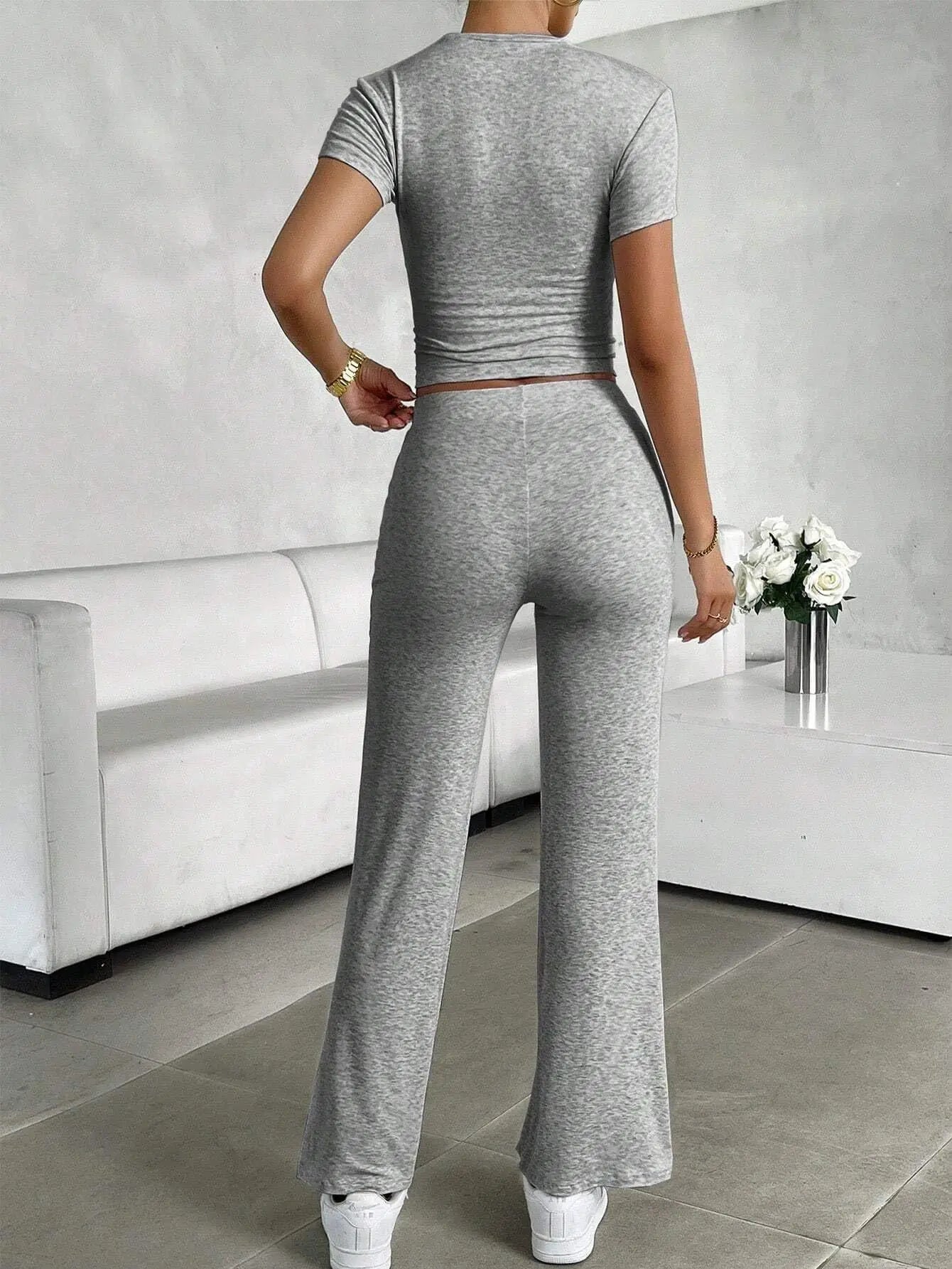 Summer Comfortable Casual Women's Home Sports Set 2025 New Fashionable Solid Color Slim Body Clothes + Trousers Two-piece Set