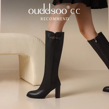Ods Soft Cow Leather Black Knee High Boots Chunky Mid Heels Zipper Women's Long Boot Big Size Luxury Designer Sexy Shoes 4143 46