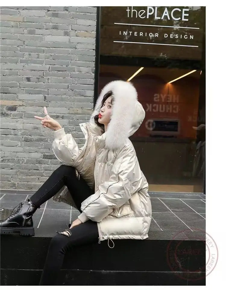 2025 Winter Fashion New Warm Duck Down Jacket Women's Clothes Glossy Fur collar Thicken Parka Short Down Coat Female Trend