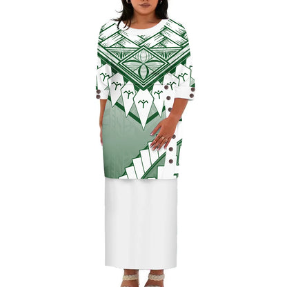 Hawaii Style Design Big Size Ladies Long Dress Custom Polynesian Puletasi Ptaha Dress O Neck Prom Clothes 2 Piece Outfits Sets