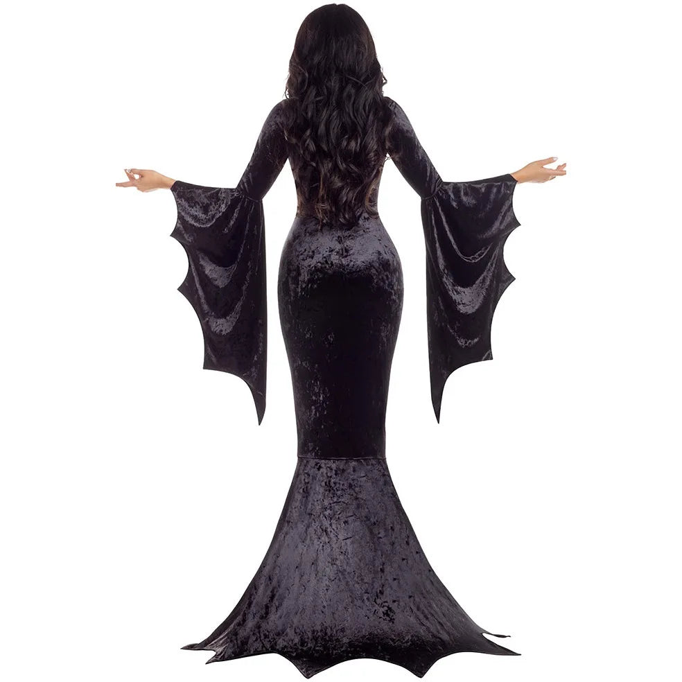 Witchy Costume Morticia Addams Long Train Dress Halloween Terror Dark Outfit Gothic Gown Robe Bat Sleeve Horror For Adult