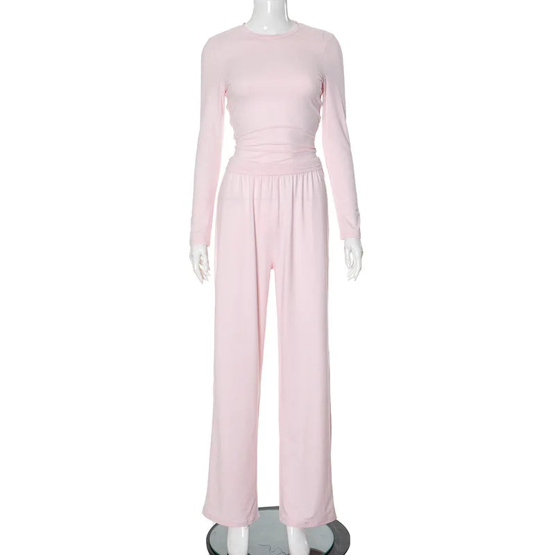 Basic Wide Leg Pants Leisure Suit Women 2025 Spring Solid Long Sleeve Top Casual Loose Trousers 2 Piece Set Hottie Streetwear