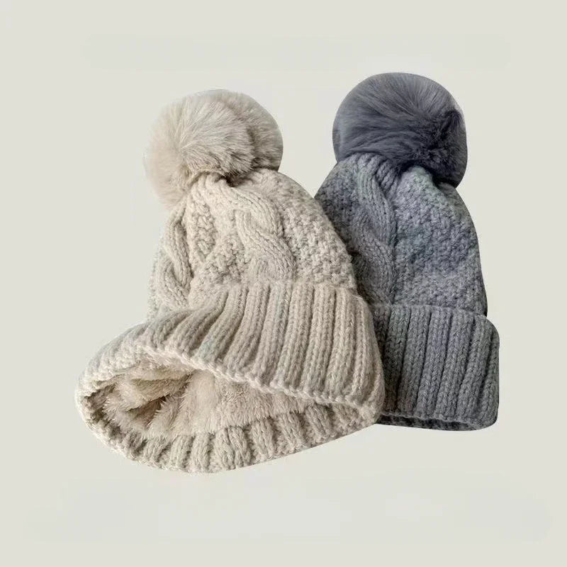 Winter Twist Knitting Hats Warm Fur Pompom Thick Plush Cap Beanies Solid Ladies Versatile Ski Snow Skullies Beanies Velvet Hat