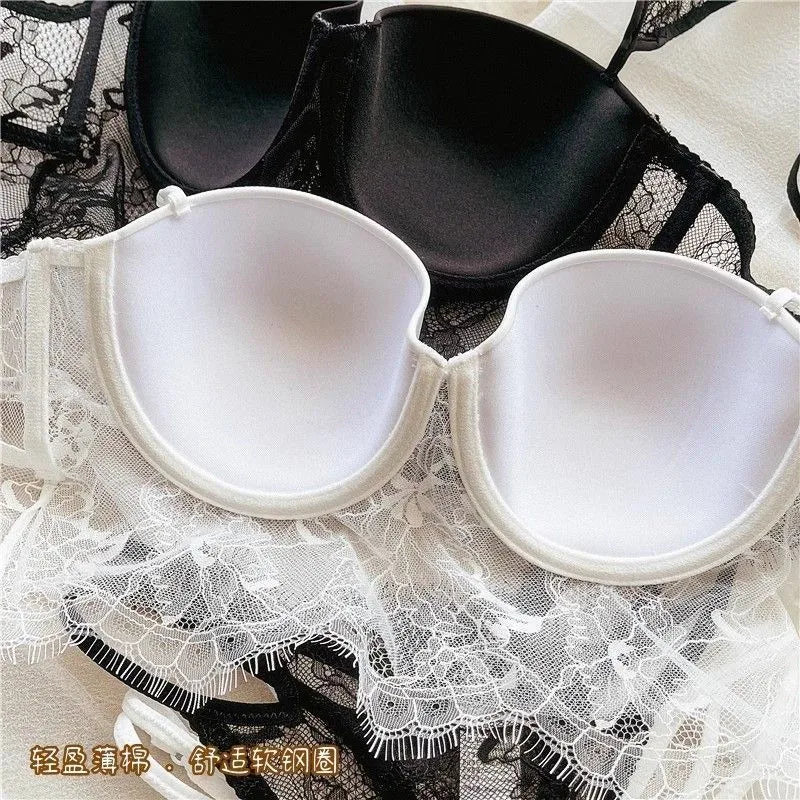 Sexy Lingerie Women Lace Transparent Underwear Embroidery Brief Set Delicate Bra Push Up Lace Gathered Edge Bra and Panty Set