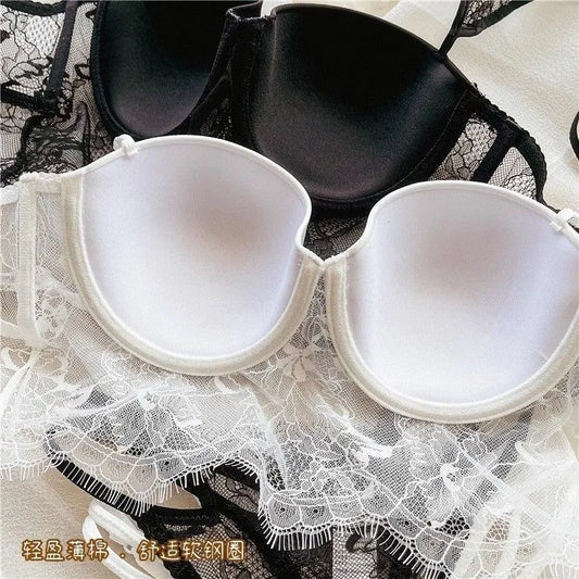 Sexy Lingerie Women Lace Transparent Underwear Embroidery Brief Set Delicate Bra Push Up Lace Gathered Edge Bra and Panty Set